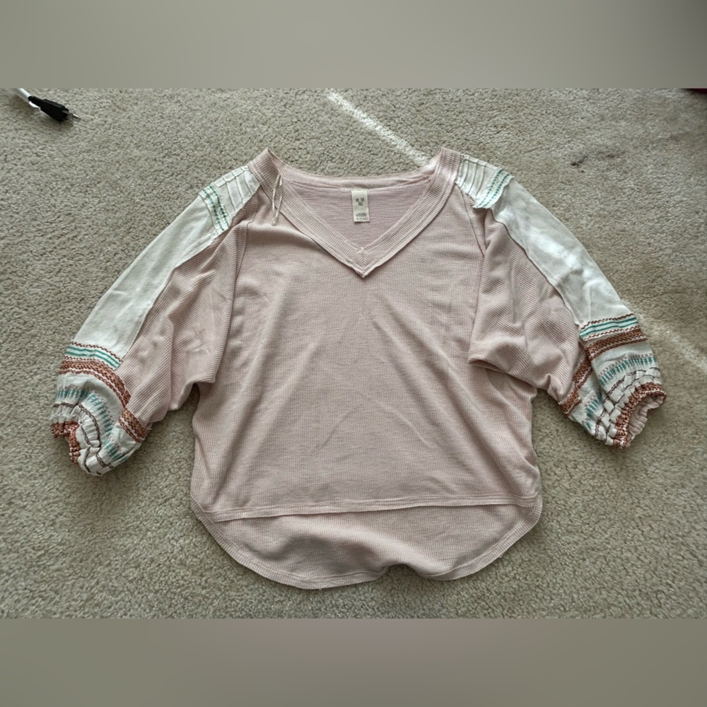 Free People Waffle Knit Embroidered Bubble Sleeve Blouse